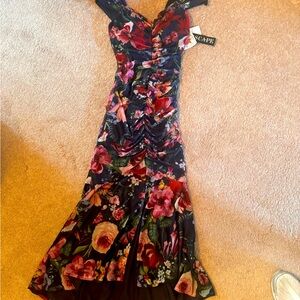 Xscape Floral Print Ruched Sweeetheart Mesh Cocktail Midi Party Dress